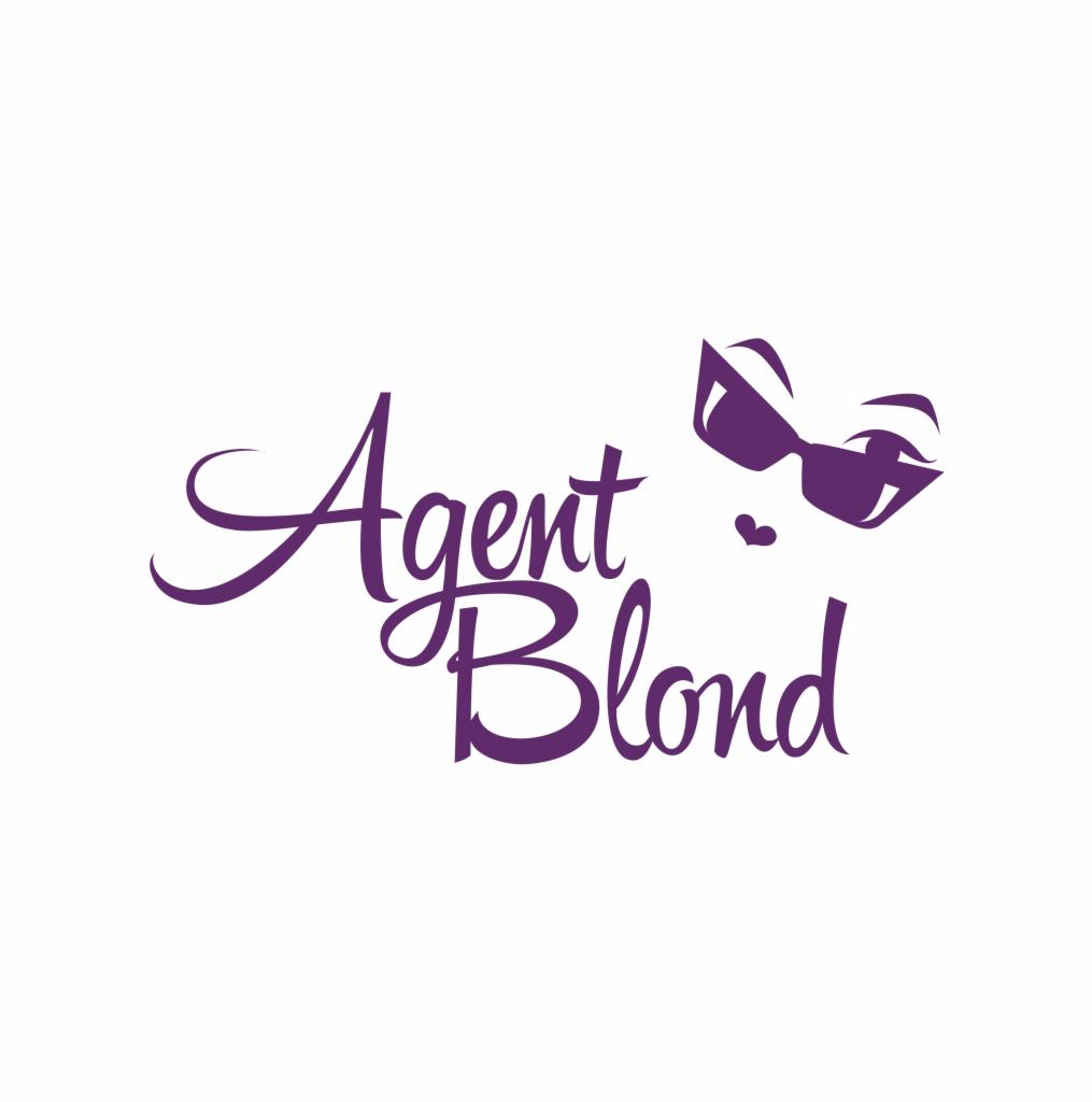 Fioletowe logo 'Agent Blond' z abstrakcyjną sylwetką twarzy w okularach przeciwsłonecznych.