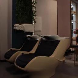 Dwa beżowe fotele fryzjerskie z wbudowanymi umywalkami, widoczne ręczniki na ścianie z zieloną roślinnością w tle, odbicie w lustrze ukazuje krzesło i bukiet kwiat&oacute;w.