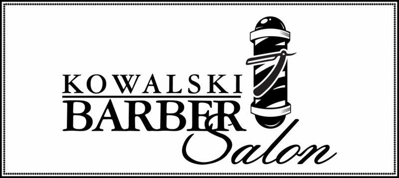 Czarno-białe logo salonu fryzjerskiego Kowalski Barber Salon z klasycznym symbolem słupka fryzjerskiego z brzytwą.