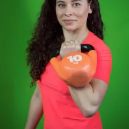 Kobieta z kręconymi włosami, w neonowej koszulce, trzyma pomarańczowy kettlebell 10 kg na tle zielonego ekranu.