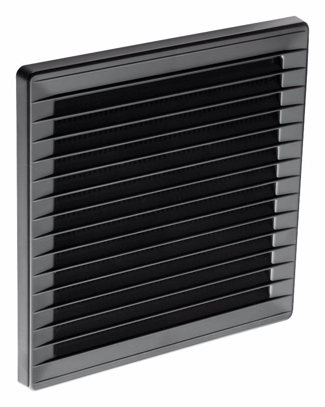 Czarna, kwadratowa kratka wentylacyjna z poziomymi żaluzjami, ustawiona pod kątem, ukazująca głębię i trójwymiarowość
