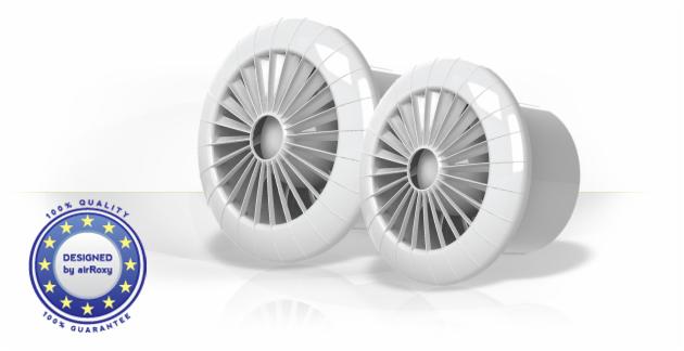 Dwa białe, okrągłe anemostaty wentylacyjne z logo 'Designed by airRoxy' i oznaczeniem '100% Quality, 100% Guarantee' na białym tle.