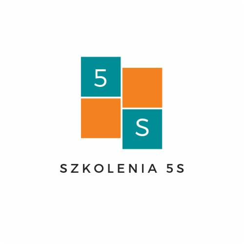 Logo firmy szkoleniowej z elementami graficznymi w postaci pomarańczowych i turkusowych kwadratów, na których umieszczono cyfrę 5 i literę S. Poniżej napis 'SZKOLENIA 5S'.