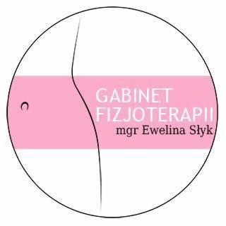 Logo gabinetu fizjoterapii z sylwetką kobiety i napisem Gabinet Fizjoterapii mgr Ewelina Słyk na różowym tle.