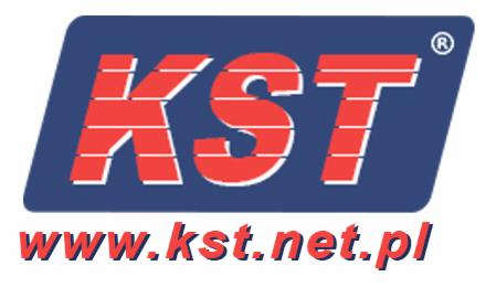 Logo firmy KST z czerwonym napisem KST na niebieskim tle oraz adresem strony internetowej www.kst.net.pl