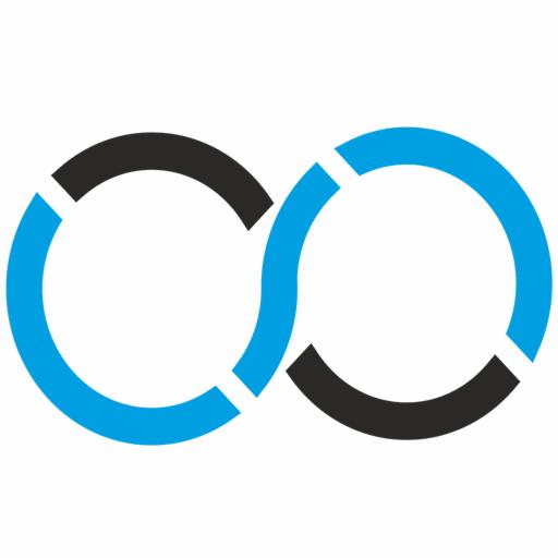 Stylizowane logo przedstawiające dwa przeplatające się okręgi, jeden w kolorze błękitnym, drugi czarny, oba z przerwami w obwodzie, na białym tle.