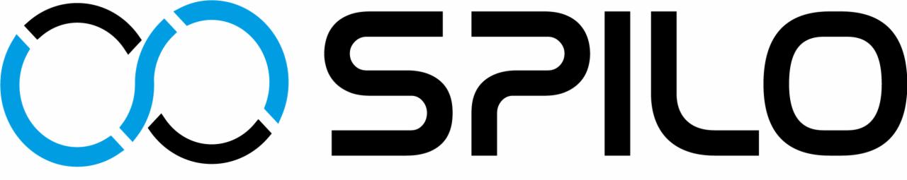 Logo firmy SPILO z dwoma połączonymi okręgami, jeden w kolorze niebieskim, drugi czarny, oraz napisem SPILO w czerni.