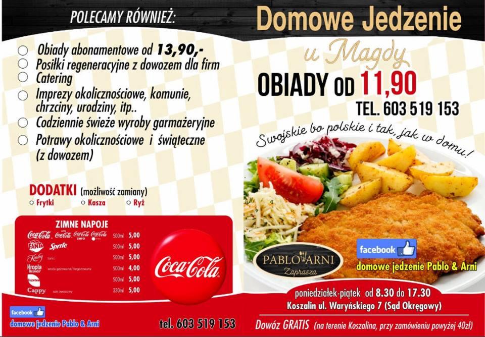 Plakat reklamowy z ofertą domowego jedzenia: sznycel, ziemniaki, surówki, napoje oraz informacjami kontaktowymi i godzinami otwarcia.