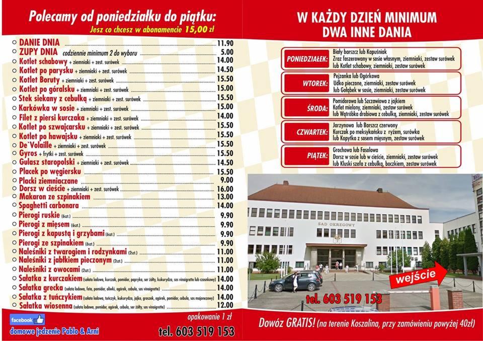 Menu restauracji 'Domowe Jedzenie Pablo & Arni' z ofertą dań dnia od poniedziałku do piątku, w tym zupy, kotlety, mięsa, pierogi, naleśniki i sałatki, obok zdjęcie budynku Sądu Okręgowego...