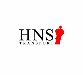 Logo firmy HNS Transport z czarnym napisem i czerwoną figurą szachową króla po prawej stronie.