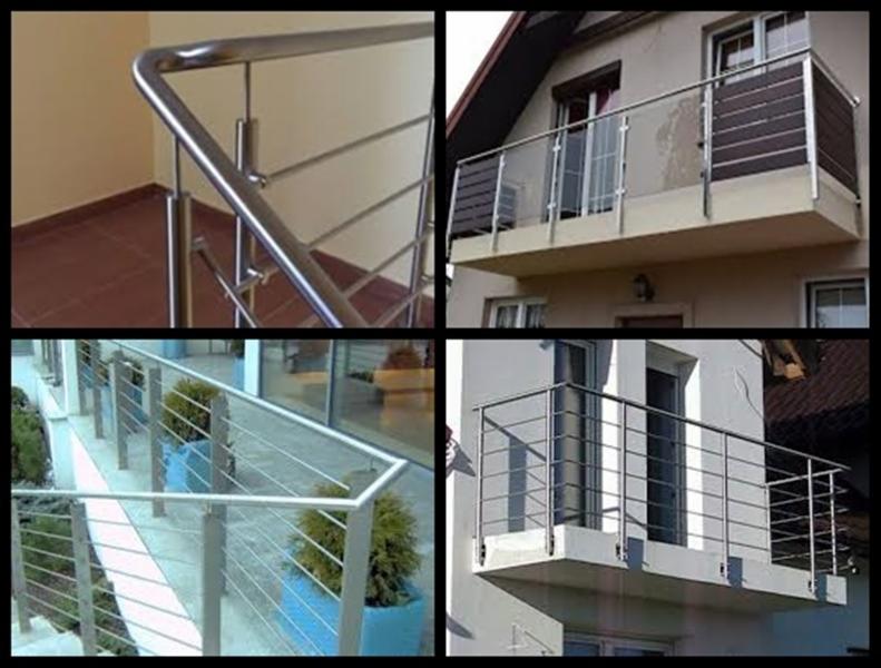 Kompozycja zdjęć przedstawiająca różne typy zabezpieczeń balkonowych i schodowych ze stali nierdzewnej: narożna poręcz schodowa, balkon z elementami szklanymi i drewnianymi, zewnętrzna balustrada...
