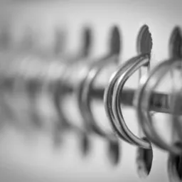 Czarno-białe zbliżenie metalowych pierścieni segregatora biurowego, z delikatnym efektem rozmycia tła.