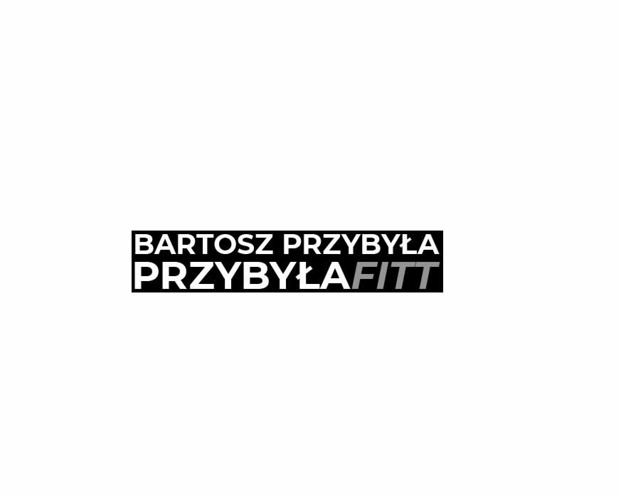 Logo firmy 'PRZYBYŁA FITT' z nazwiskiem 'Bartosz Przybyła' umieszczonym nad nazwą marki, całość w czarno-białej kolorystyce.