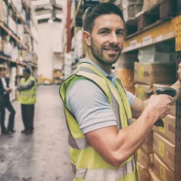 Pracownik magazynu w odblaskowej kamizelce skanuje kod kreskowy na kartonie, w tle widoczni inni pracownicy i regały pełne towaru.