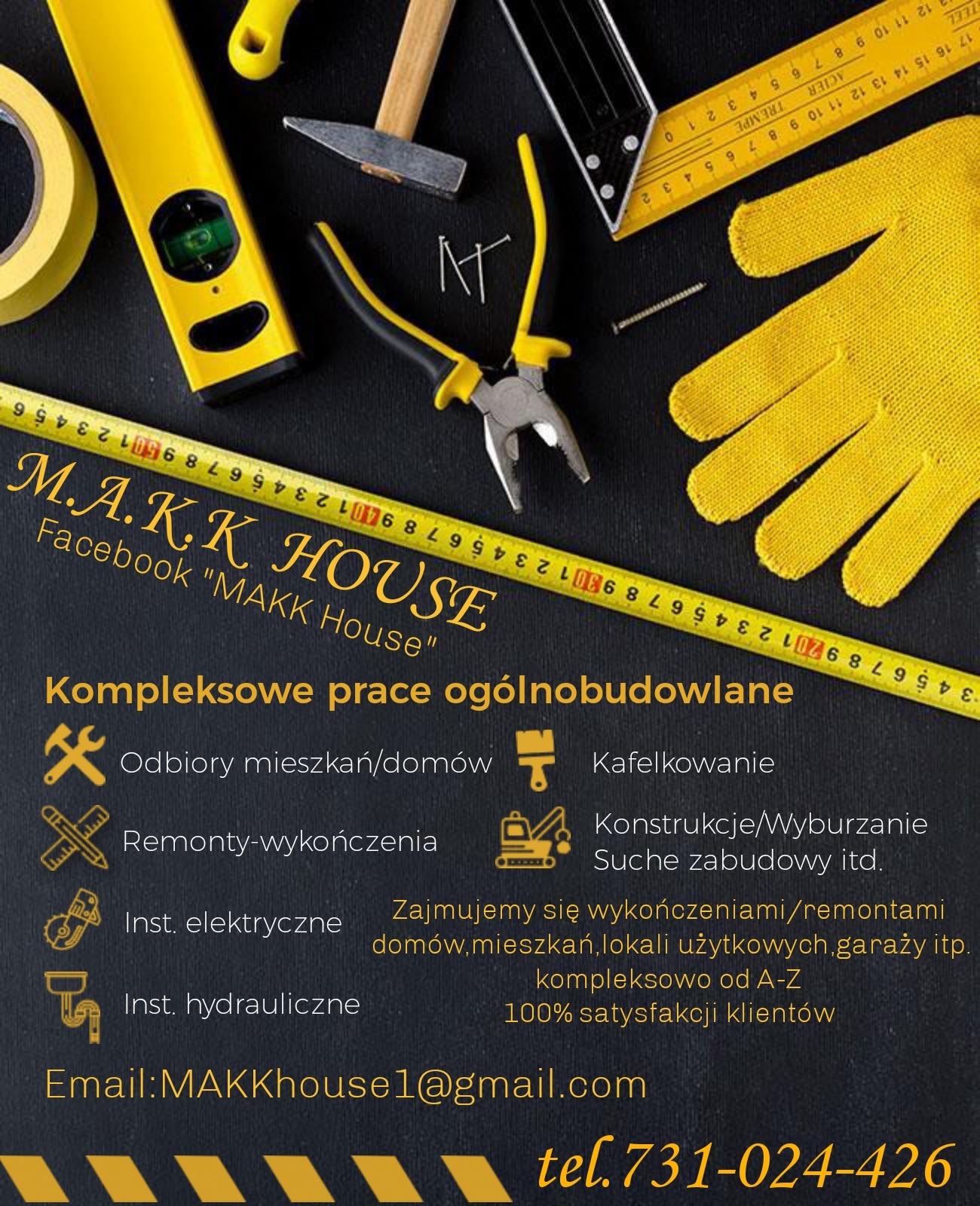 Ulotka reklamowa firmy MAKK House oferującej kompleksowe prace ogólnobudowlane, remonty, wykończenia, instalacje elektryczne i hydrauliczne, z narzędziami w tle.
