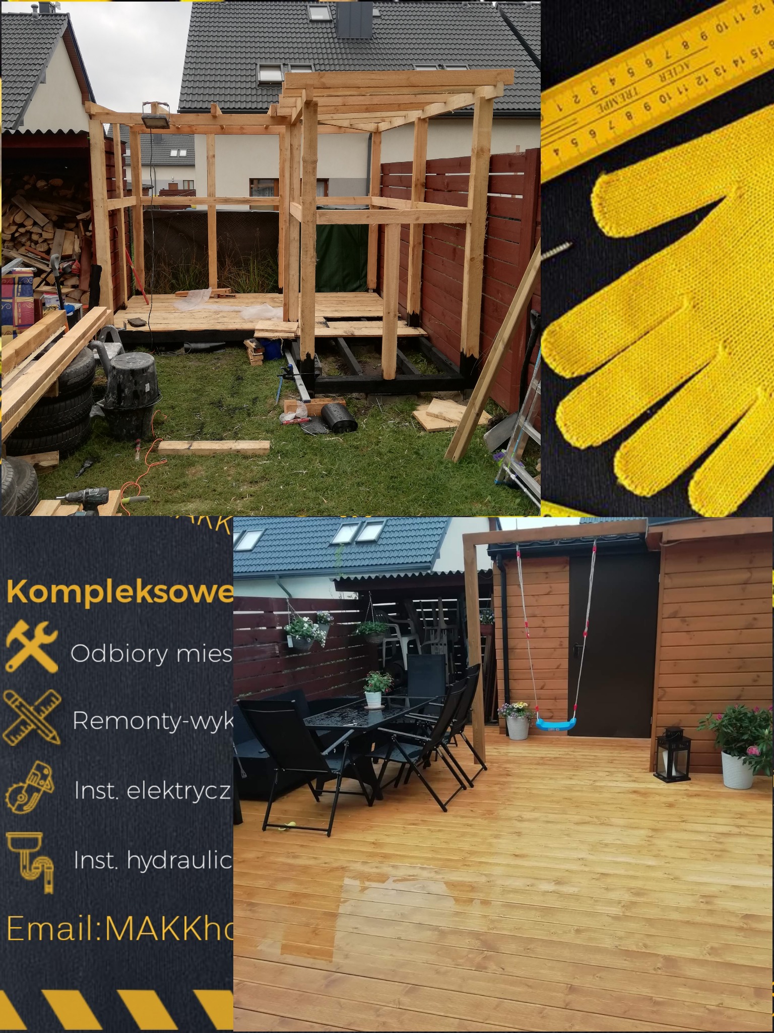 Drewniana konstrukcja altany w trakcie budowy, widoczne narzędzia i materiały budowlane, w tle domy jednorodzinne. Na drugim planie wykończony taras z drewnianą podłogą, meblami ogrodowymi i huśtawką.