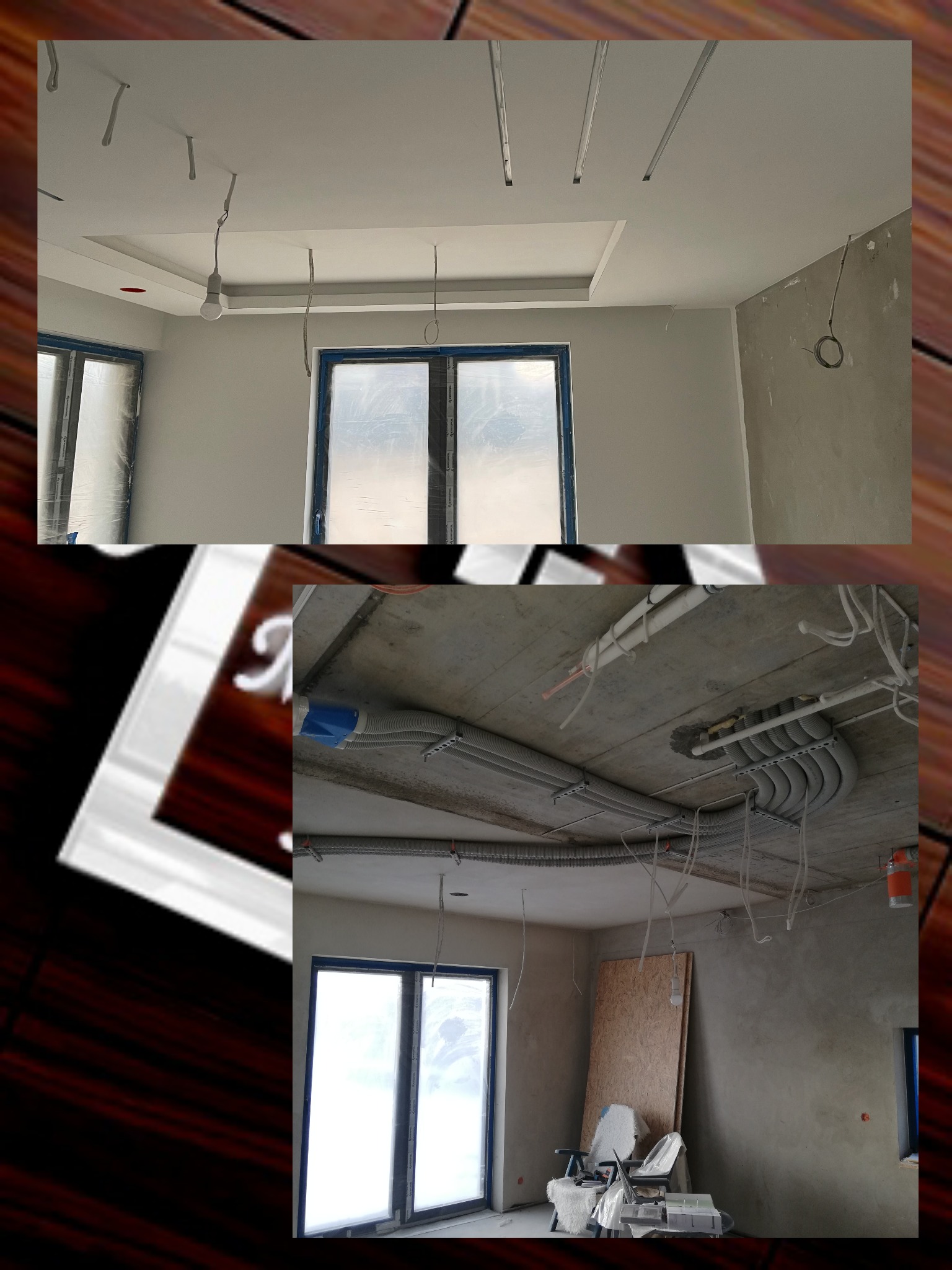 Dwa ujęcia wnętrza w trakcie remontu: górne przedstawia sufit podwieszany z widocznymi elementami konstrukcyjnymi i instalacją elektryczną, dolne ukazuje surowy betonowy strop z licznymi przewodami...