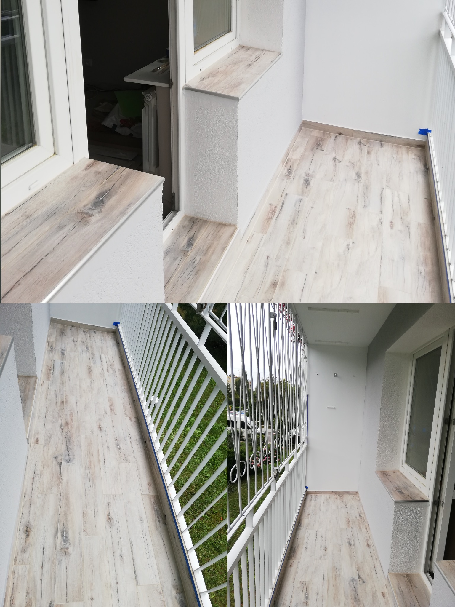 Jasna, drewnopodobna podłoga na balkonie po remoncie, zabezpieczona niebieską taśmą malarską przy białej balustradzie i ścianach.