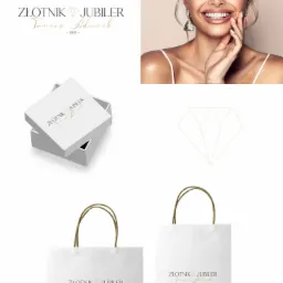 Zestawienie elementów identyfikacji wizualnej złotnika: logo, modelka z kolczykami, pudełko na biżuterię i torby papierowe z nadrukiem.