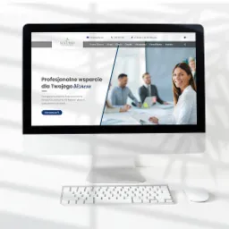 Monitor wyświetlający stronę internetową biura rachunkowego Kolubris, z uśmiechniętą kobietą w tle i hasłem 'Profesjonalne wsparcie dla Twojego biznesu', obok klawiatura i myszka.