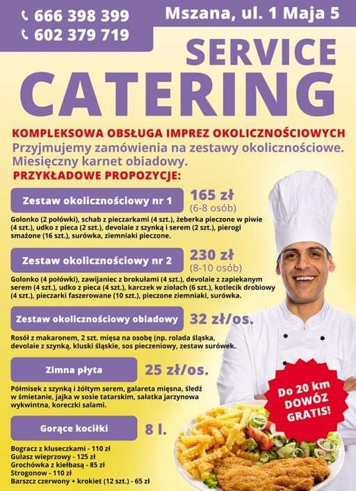 Plakat reklamowy z ofertą kompleksowej obsługi cateringowej na imprezy okolicznościowe, prezentujący przykładowe zestawy menu z cenami i uśmiechniętym kucharzem w tle, informujący o darmowym...