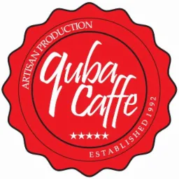 Czerwone logo Quba Caffe z napisem Artisan Production Established 1992 i pięcioma gwiazdkami.