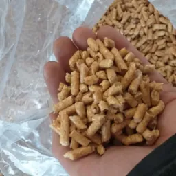 Dłoń trzymająca pellet drzewny na tle worka wypełnionego pelletem.