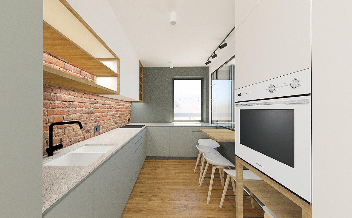 Wizualizacja nowoczesnej kuchni z ceglaną ścianą, szarymi szafkami i drewnianymi blatami, oświetleniem punktowym oraz białym piekarnikiem w zabudowie.