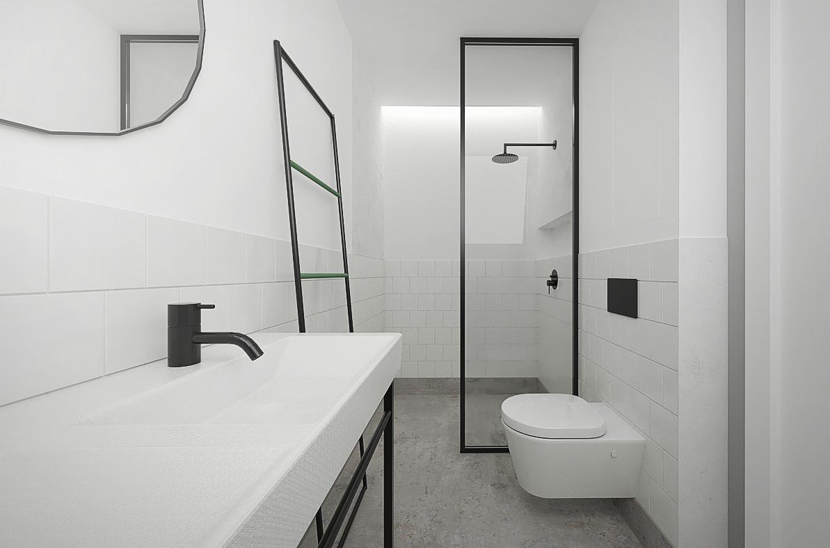 Minimalistyczna łazienka w bieli i czerni: umywalka z czarną armaturą, drabinka na ręczniki z zielonymi akcentami, kabina prysznicowa ze szklaną ścianą i wisząca toaleta.