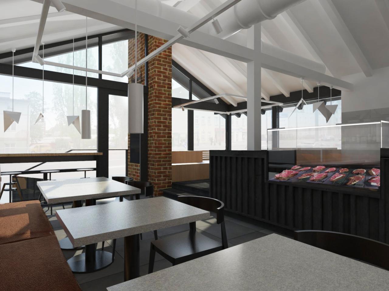 Wizualizacja wnętrza budynku usługowego z przeszkloną ladą chłodniczą eksponującą mięso, stoły z szarymi blatami i krzesłami, ceglany filar oraz wiszące lampy w minimalistycznym stylu.