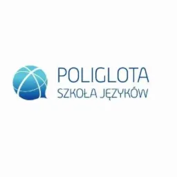 Logo szkoły językowej Poliglota z globusem stylizowanym na dymek dialogowy.