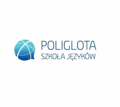 Logo szkoły językowej Poliglota z globusem stylizowanym na dymek dialogowy.