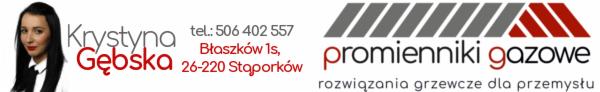 Wizytówka firmy Krystyna Gębska oferującej promienniki gazowe i rozwiązania grzewcze dla przemysłu. Zawiera dane kontaktowe i logo firmy.