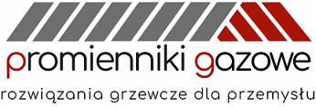 Logo firmy promującej promienniki gazowe z hasłem 'rozwiązania grzewcze dla przemysłu', szare i czerwone elementy graficzne.