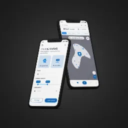 Dwa smartfony z aplikacją do wyszukiwania nieruchomości na sprzedaż i wynajem, z interfejsem mapy i filtrami wyszukiwania.