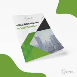 Okładka broszury 'Przewodnik po konsultingu' z logo firmy Cognitis i panoramą miasta w tle, utrzymana w zielono-białej kolorystyce.