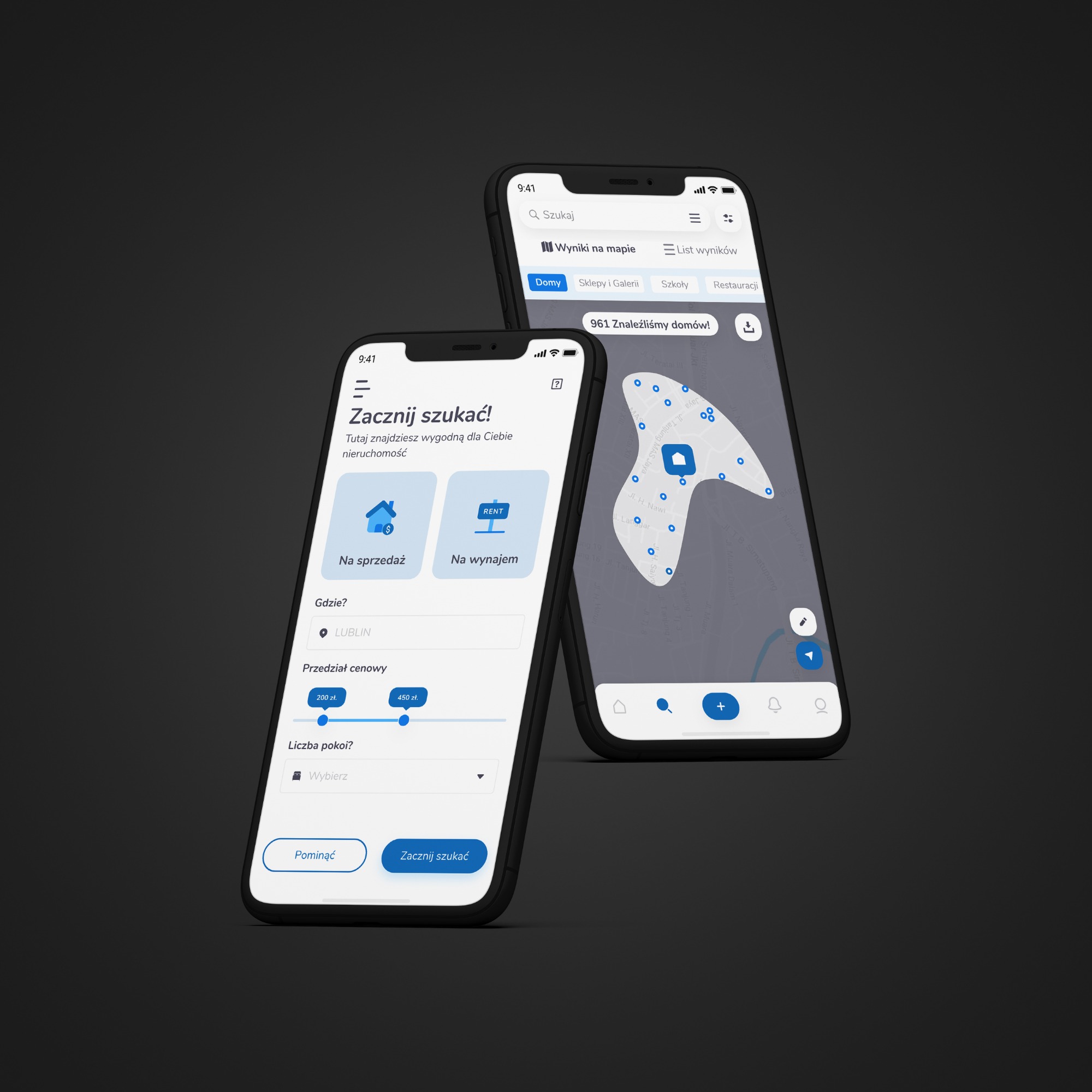 Dwa smartfony z aplikacją do wyszukiwania nieruchomości na sprzedaż i wynajem, z interfejsem mapy i filtrami wyszukiwania.