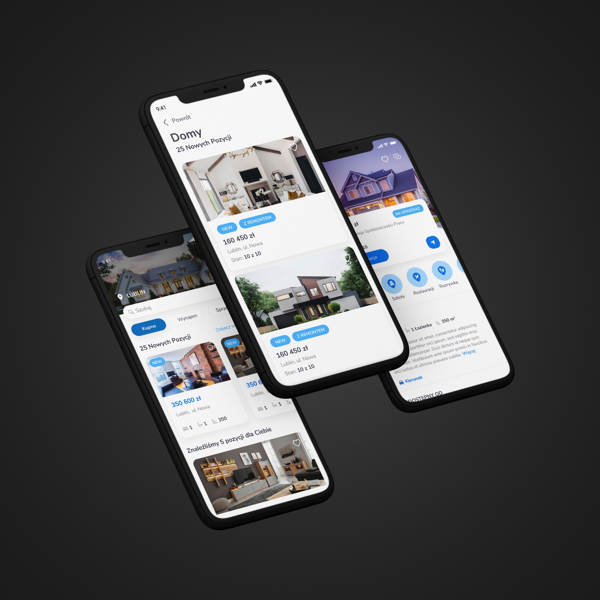 Trzy telefony komórkowe z wyświetlonym interfejsem aplikacji do wyszukiwania nieruchomości w Lublinie, prezentujące oferty domów i mieszkań z cenami i statusem 'Nowe' lub 'Z remontem'.