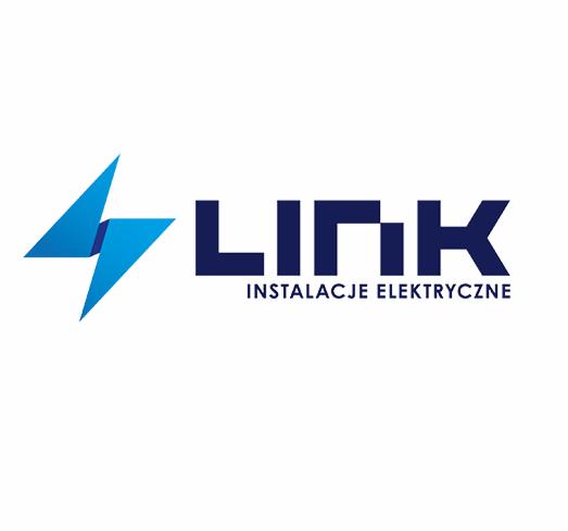 Logo firmy LINK Instalacje Elektryczne z symbolem błyskawicy w kolorze niebieskim.