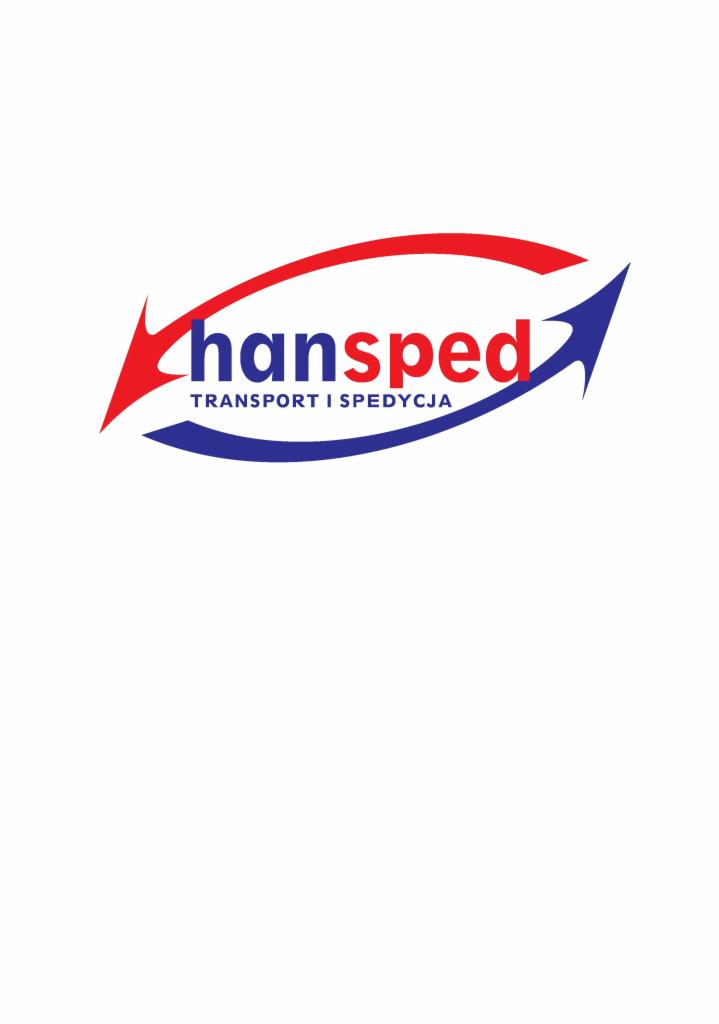 Logo firmy Hansped z napisem 'TRANSPORT I SPEDYCJA' poniżej, umieszczone pomiędzy dwoma stylizowanymi strzałkami, górna czerwona, dolna niebieska.