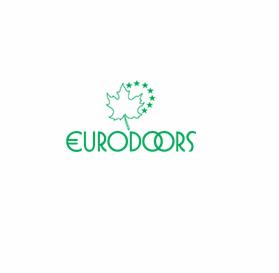 Zielone logo firmy Eurodoors z liściem klonu otoczonym gwiazdami na białym tle.