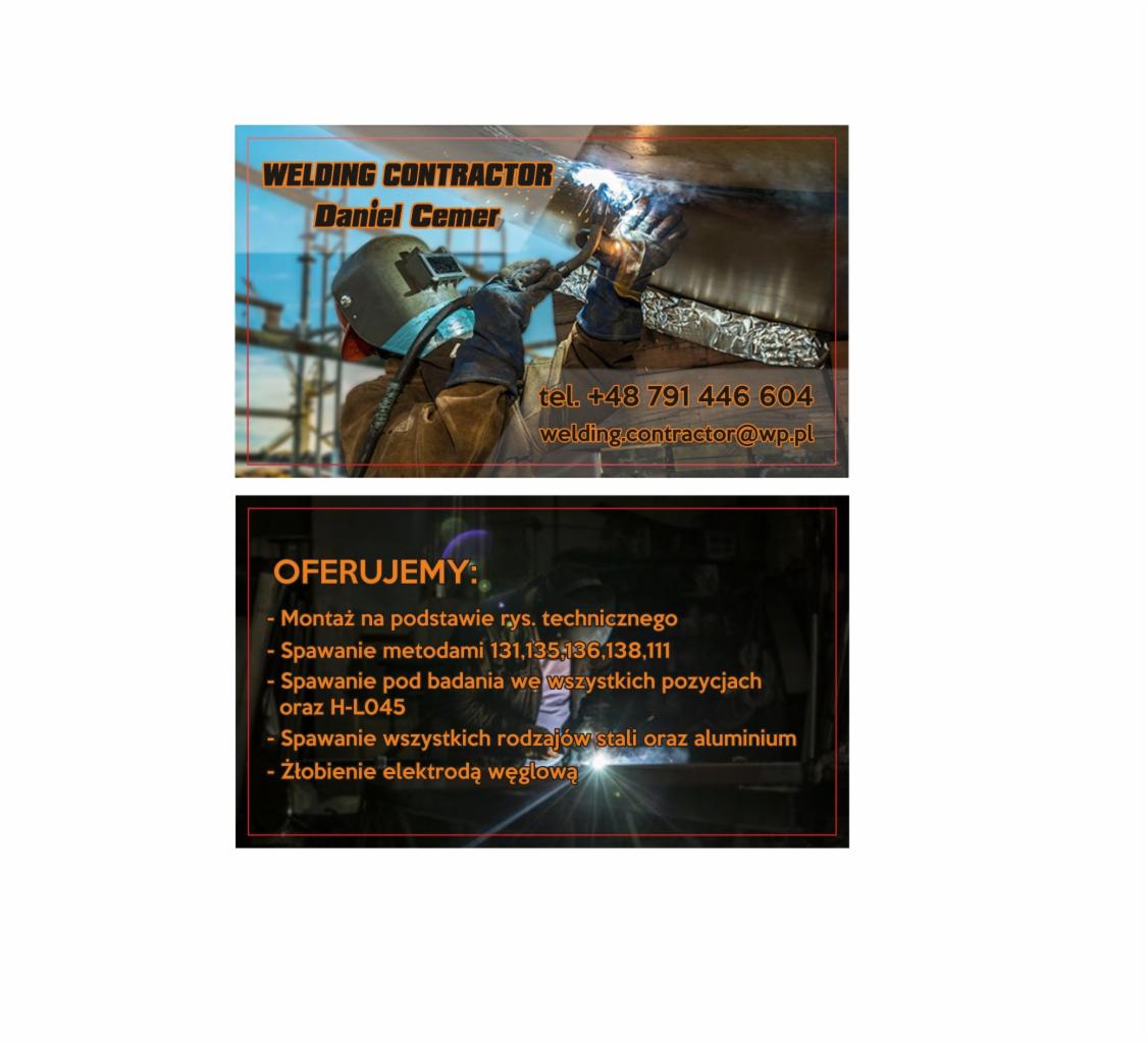 Grafika reklamowa firmy spawalniczej Daniel Cemer, prezentująca spawacza w trakcie pracy z widocznymi iskrami i elementami konstrukcji, oraz listą oferowanych usług i danymi kontaktowymi.