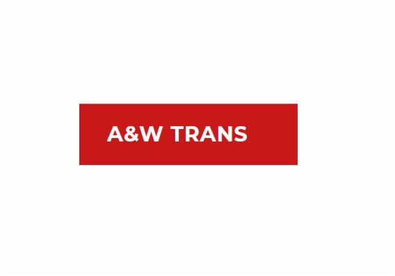 Logo firmy transportowej A&W TRANS na czerwonym prostokącie, białe litery, minimalistyczny design.