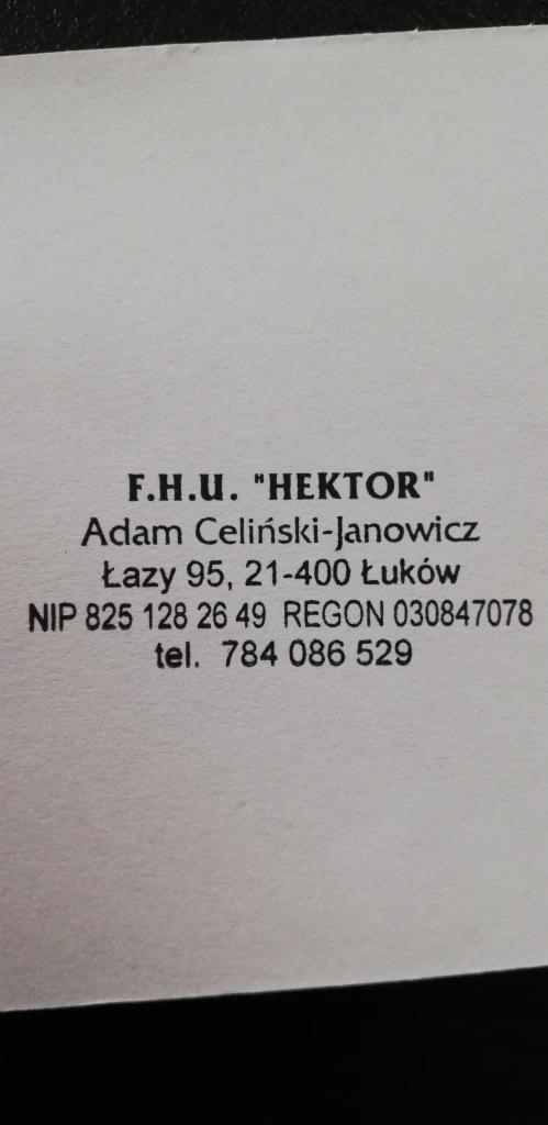 Wizytówka firmy F.H.U. 'HEKTOR' Adam Celiński-Janowicz z Łukowa, zawierająca NIP, REGON i numer telefonu.