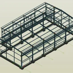 Wizualizacja 3D szkieletu hali stalowej z numeracją osi, prezentująca konstrukcję nośną i rozmieszczenie elementów.