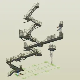 Wizualizacja 3D stalowej konstrukcji schodów i pomostów na planie z zielonymi liniami pomocniczymi.