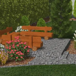 Wizualizacja ogrodu z drewnianą konstrukcją przypominającą ławkę, kamiennymi schodami i różnobarwnymi krzewami kwitnącymi na pierwszym planie, tło z żywopłotu i drzew.