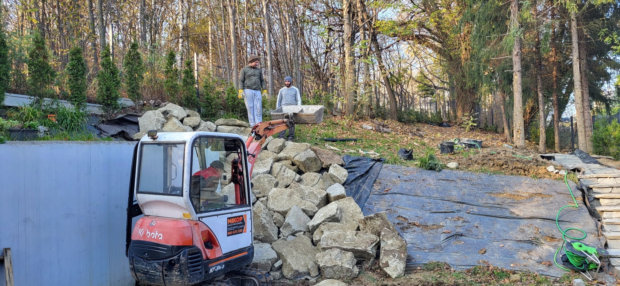 Prace ziemne w ogrodzie: mini koparka Kubota z widocznym logo firmy MIKOP, dwóch pracowników transportujących kamienie w taczce, czarna agrowłóknina rozłożona na ziemi, drzewa w tle.