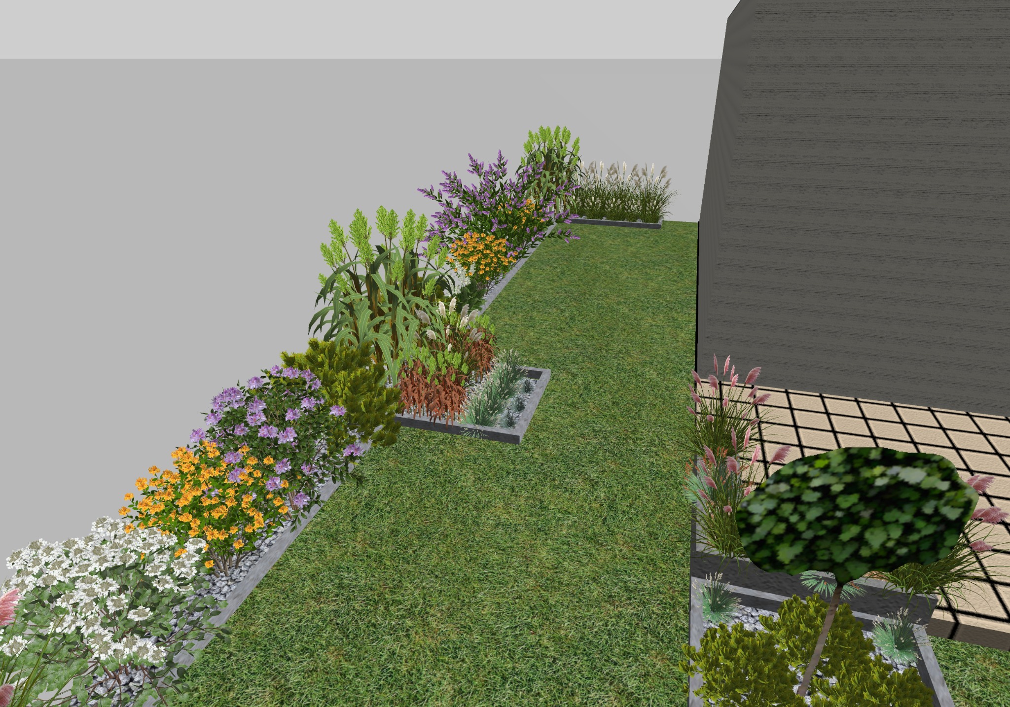 Wizualizacja 3D ogrodu z różnokolorowymi rabatami kwiatowymi, równo przystrzyżonym trawnikiem i ozdobnymi trawami, widok z góry.