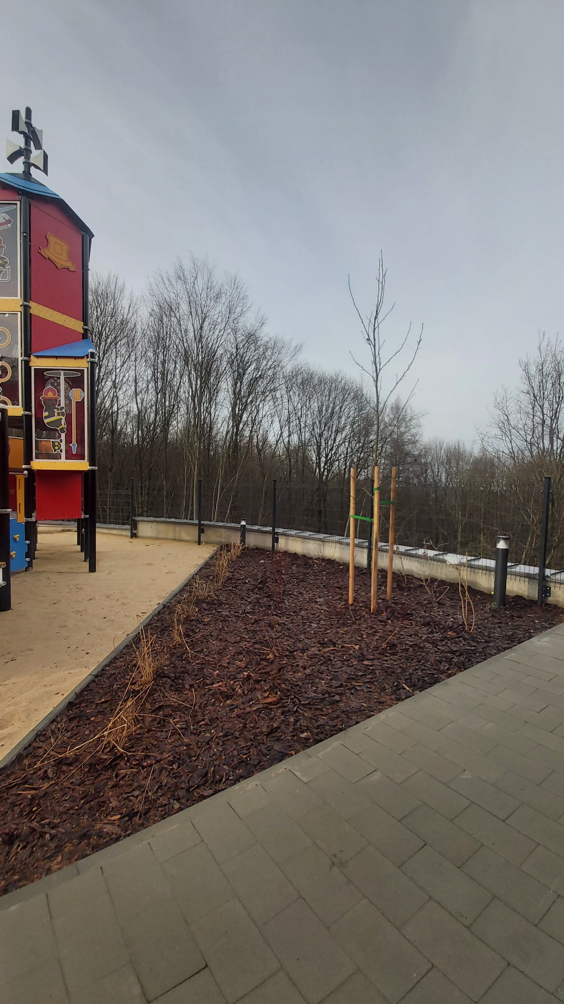 Rabata z kory i młodymi drzewkami zabezpieczonymi palikami, widok z boku na tle placu zabaw i drzew w tle.